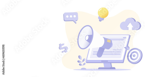 Digital marketing and announcement concept. Online content, advertising, strategy plans, tactical management, cloud computing, financial and promotion. Flat vector design illustration with copy space.