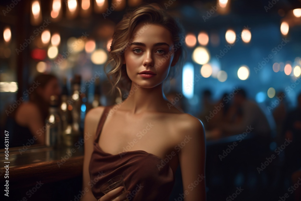 Shot of a beautiful AI-generated non-existing woman in a bar Shot of a beautiful AI-generated non-existing woman in a bar