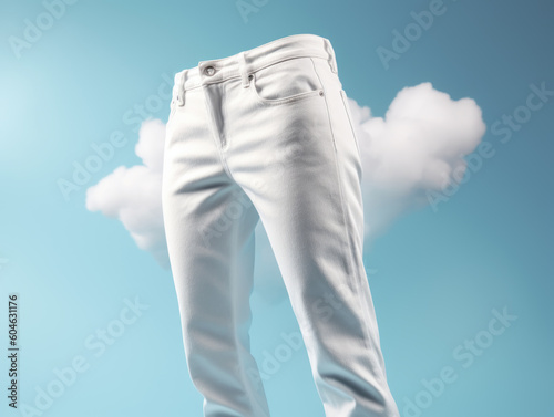 white Jeans clothes promotional photo beautiful electronic commercial photography , blue background, studio photo, clean design, pastel colors Generative AI