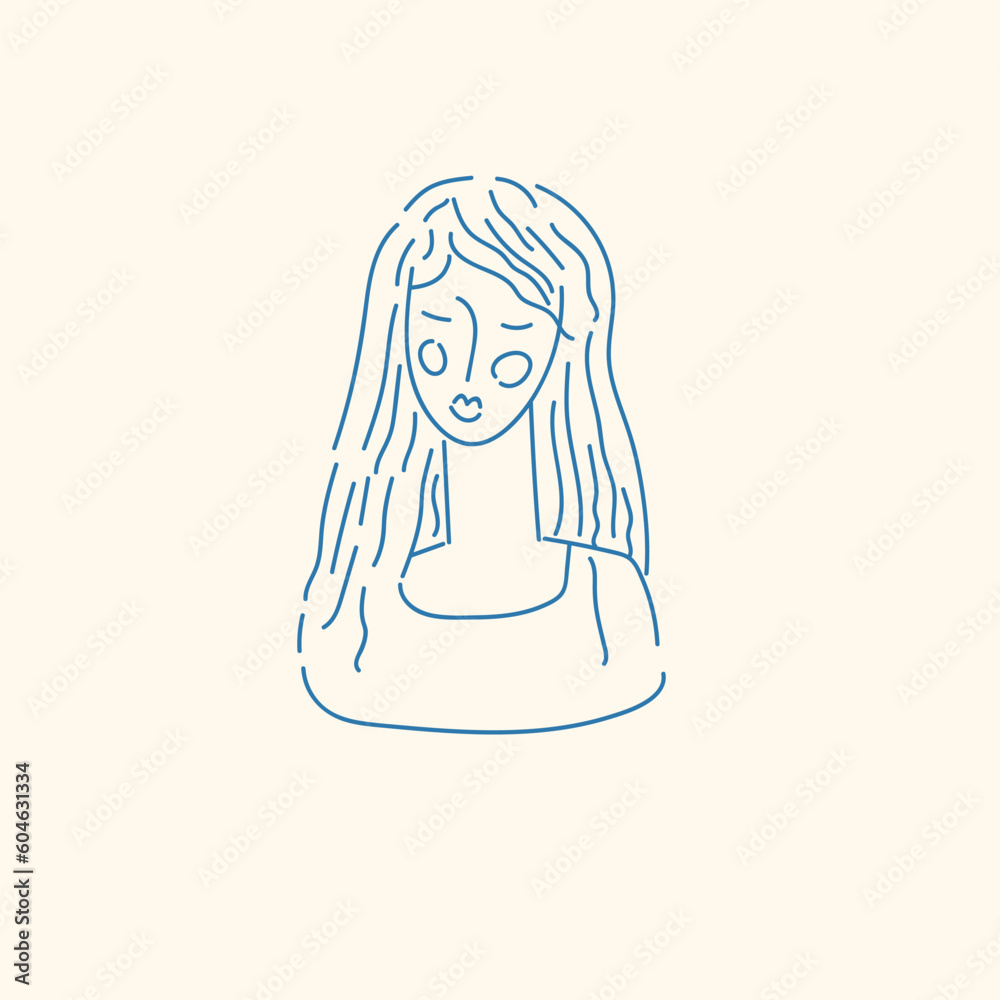 A young woman looks in front of her. Vector linear illustration drawn by hand. A pretty sweet girl. A young woman looks in front of her. Vector linear illustration drawn by hand. A pretty sweet girl.