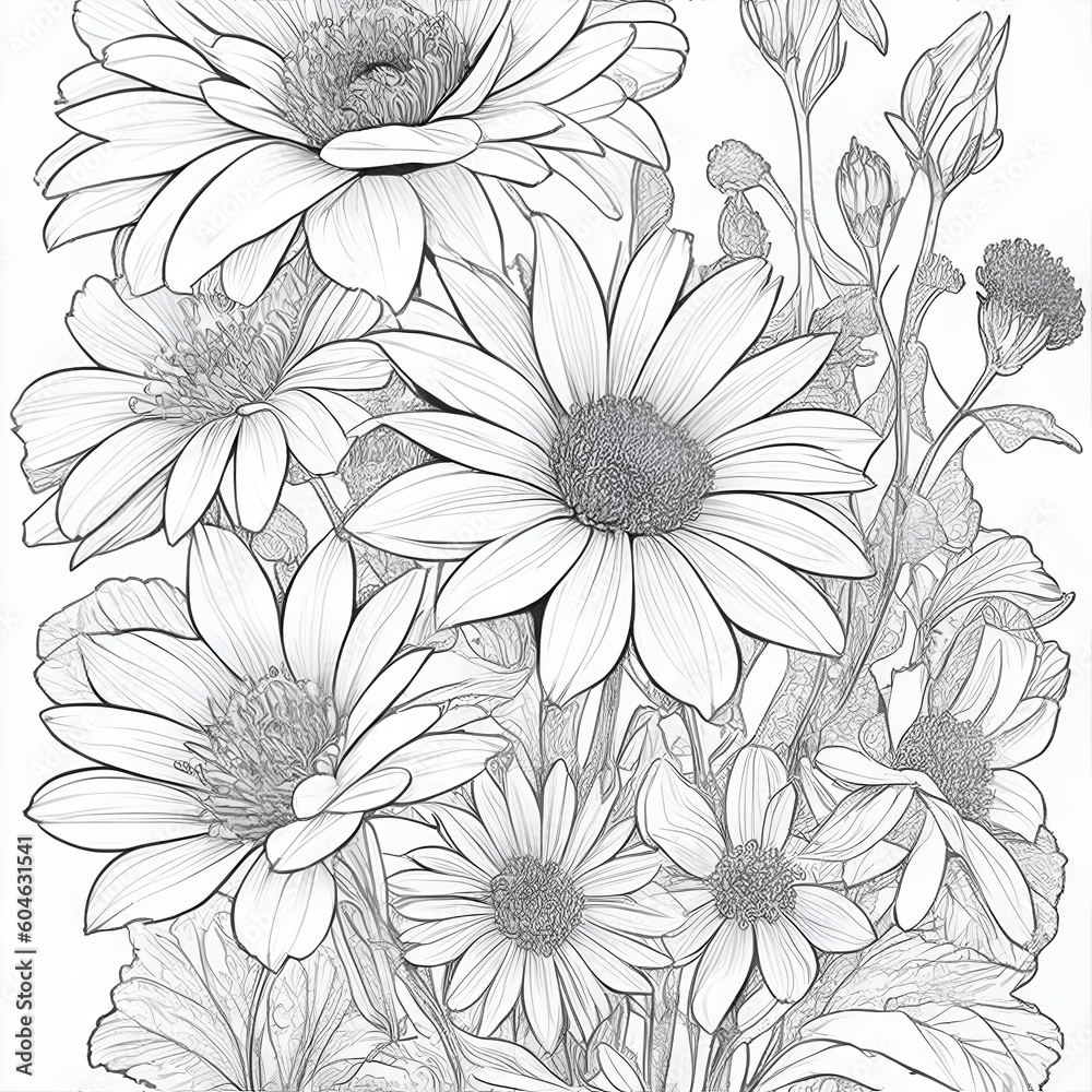 flowers coloring page for adults and children generated AI
