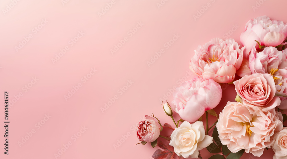 Abstract floral backdrop of pink flowers for spring or summer time. Banner background with copy space. Generative AI