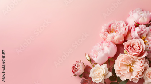 Abstract floral backdrop of pink flowers for spring or summer time. Banner background with copy space. Generative AI