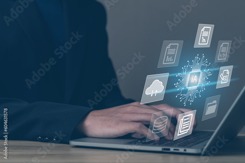 Virtual Intelligence (Ai) documents search concept. Hands man typing keyboard on laptop in office. Businessman select report from company database. security system, Internet cloud connection