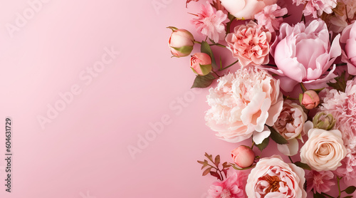 Abstract floral backdrop of pink flowers for spring or summer time. Banner background with copy space. Generative AI