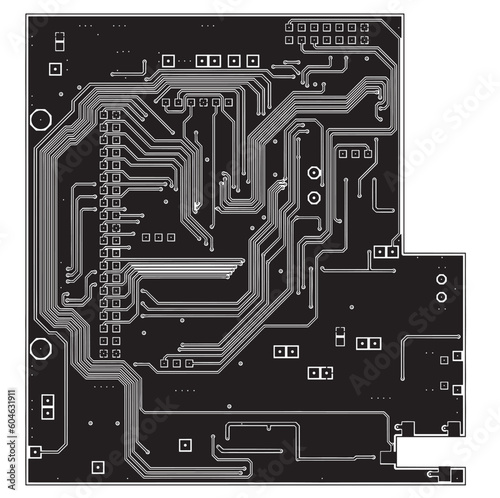Vector printed circuit board of an electronic device with components of radio elements, conductors and contact pads placed on it. Engineering drawing of a pcb (bottom layer).