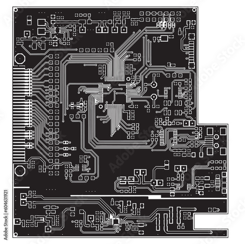 Vector printed circuit board of an electronic device with components of radio elements, conductors and contact pads placed on it. Engineering drawing of a pcb (top layer).