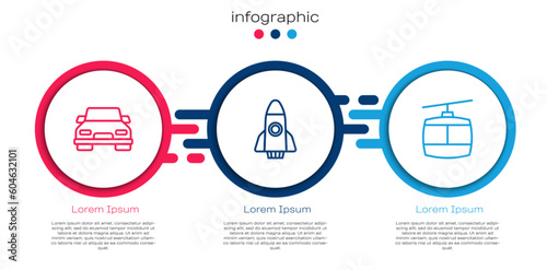 Set line Car, Rocket ship and Cable car. Business infographic template. Vector