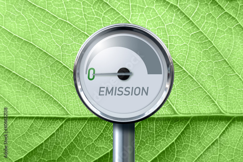 Gauge with inscription EMISSION. Arrow points to zero. Concept of green energy.	