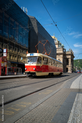 an old streetcar on the streets of Prague