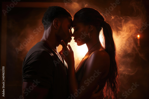 The power of a passionate kiss, sexy beautiful african woman kissing seductive man, erotic, glamour, sensual closeup couple kissAfrican love AI Generative