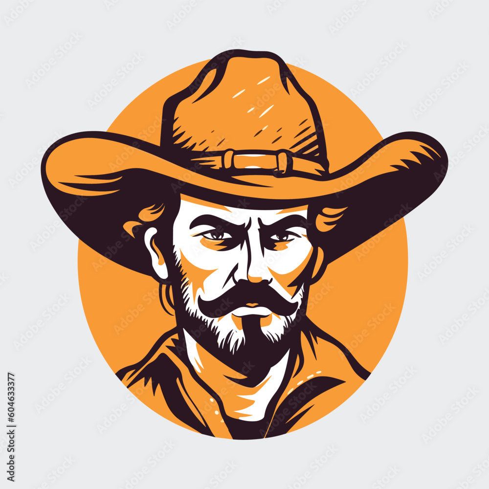 Vintage retro mnimial modern cowboy western character person. Can be used for logo, emblem or graphic design. Graphic Art. Vector