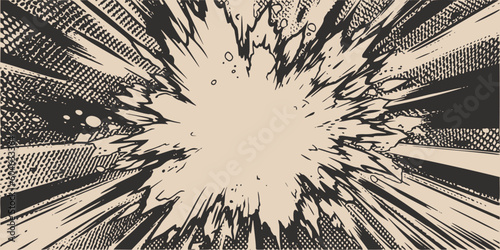 VIntage retro monochrome comics boom explosion crash bang cover book design with light and dots. Can be used for decoration or graphics. Graphic Art. Vector