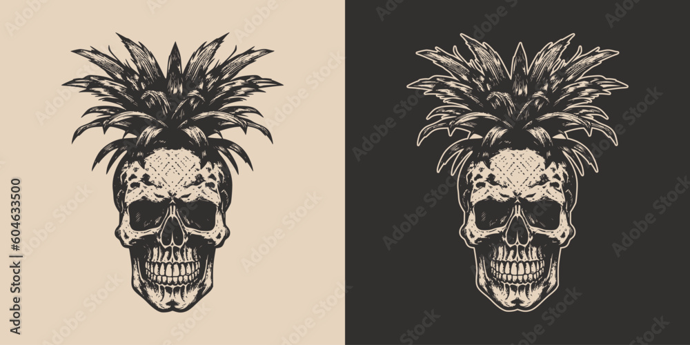 Set of vintage retro scary hipster skull with pineapple head. Can be used like emblem, logo, badge, label. mark, poster or print. Monochrome Graphic Art. Vector. Hand drawn element in engraving