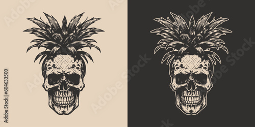 Set of vintage retro scary hipster skull with pineapple head. Can be used like emblem, logo, badge, label. mark, poster or print. Monochrome Graphic Art. Vector. Hand drawn element in engraving