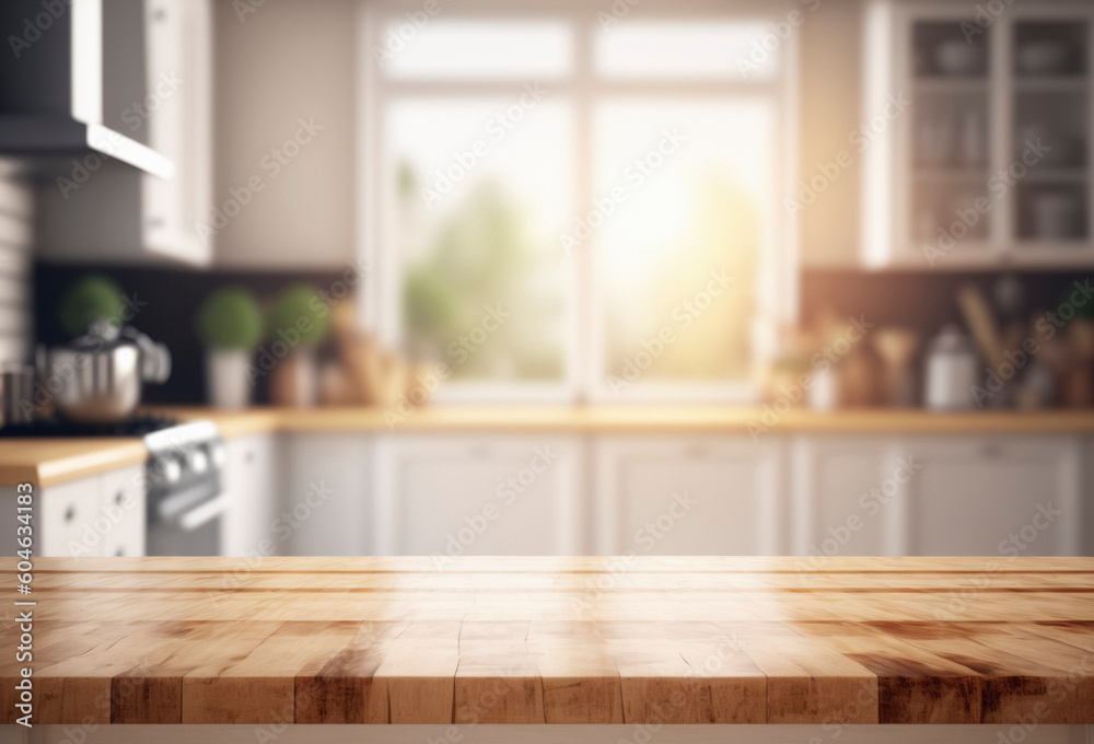 Empty beautiful wood tabletop counter and blur bokeh modern kitchen interior background in clean and bright, Ready, white background, for product montage
