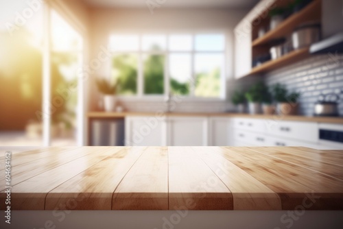 Empty beautiful wood tabletop counter and blur bokeh modern kitchen interior background in clean and bright, Ready, white background, for product montage