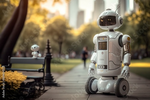nurse assistant robot which simulates a future world where words coexist with robots In the background is a picture of people walking in a park with buildings and trees, technology and human © BrightSpace