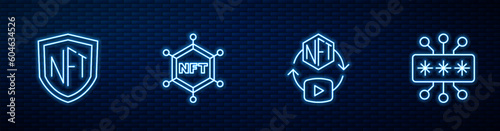 Set line NFT Digital crypto art, shield, blockchain technology and Cyber security. Glowing neon icon on brick wall. Vector