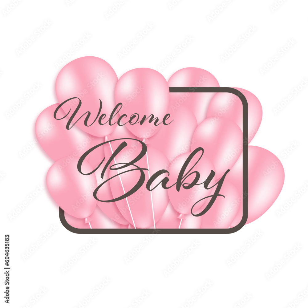 Baby girl shower card invitation, vector illustration with pink balloons