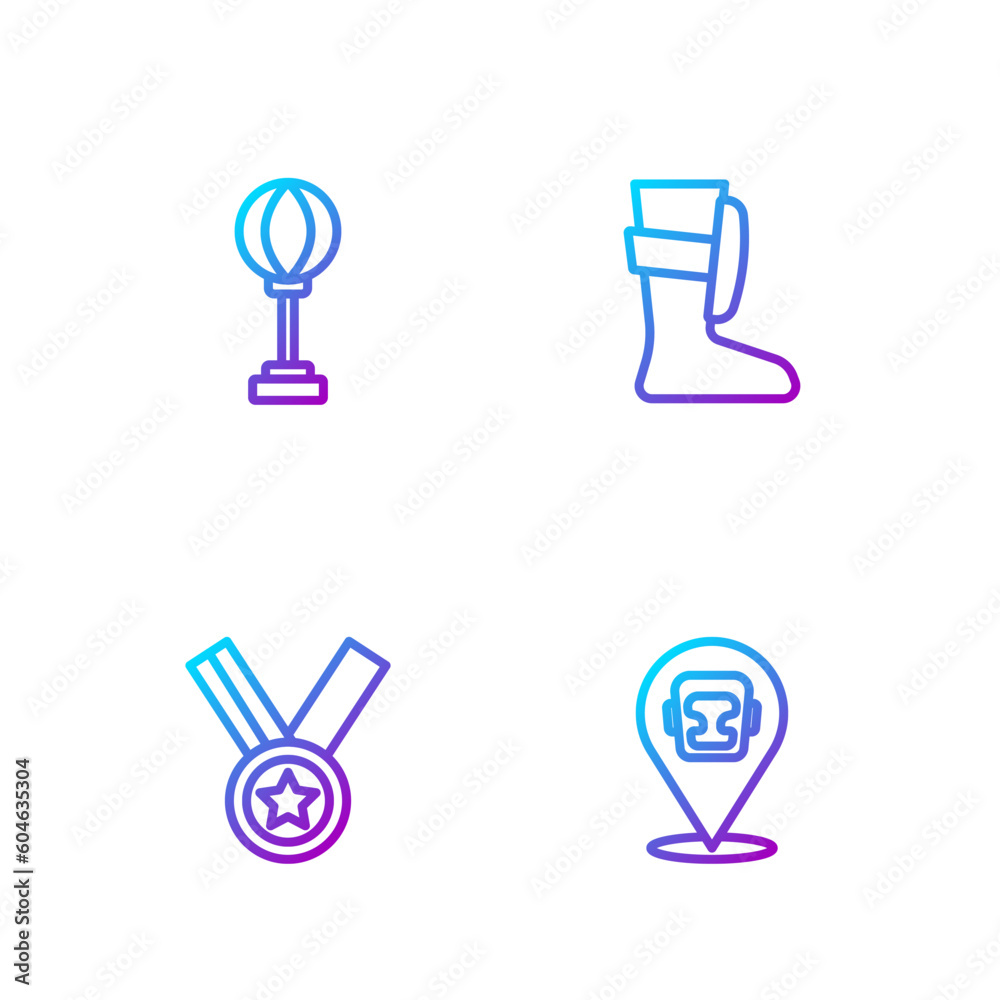 Set line Boxing helmet, Medal, Punching bag and Sport boxing shoes. Gradient color icons. Vector Set line Boxing helmet, Medal, Punching bag and Sport boxing shoes. Gradient color icons. Vector