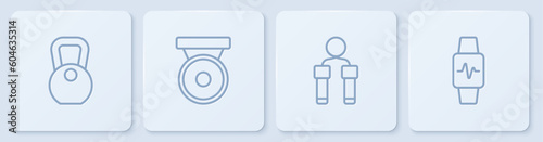 Set line Weight, Jump rope, Boxing gong and Smart watch with heart. White square button. Vector