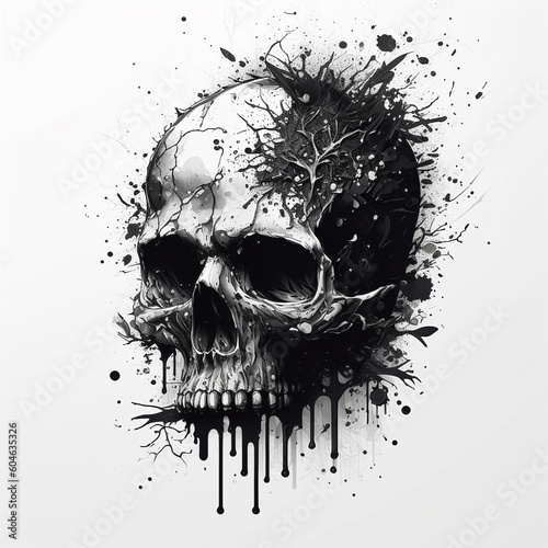 Schwarz Weiß Zeichnung eines Totenkopfes, KI generiertes Bild