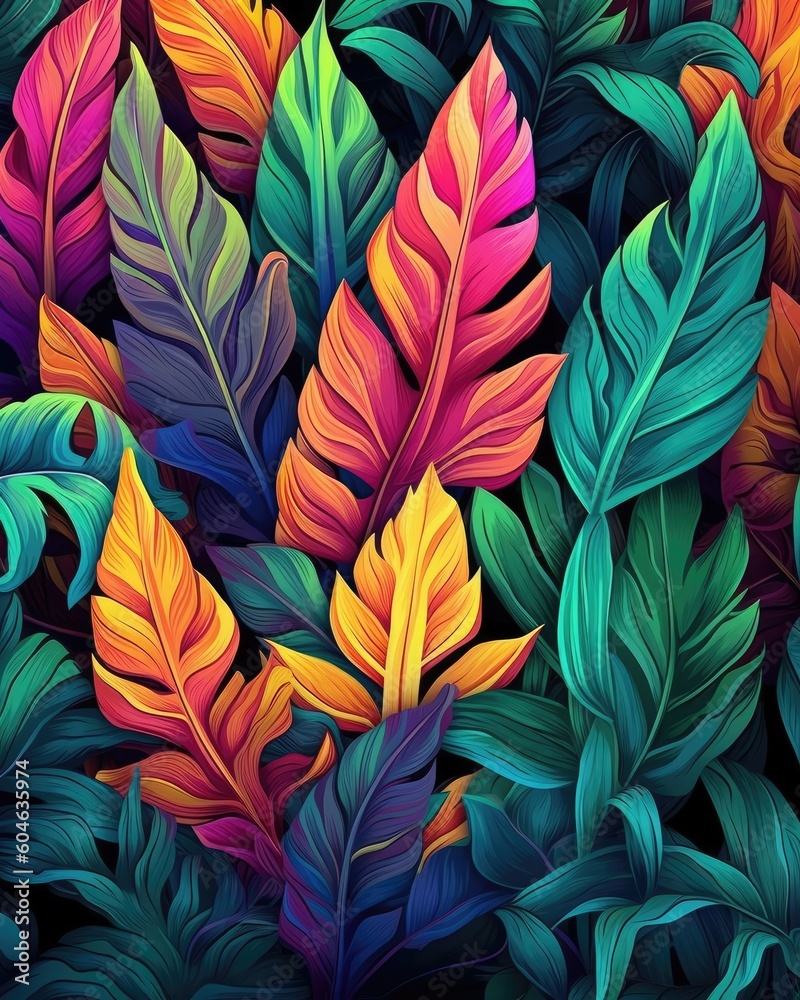 The AI displays tropical leaves on a dark background. (Generative AI) The AI displays tropical leaves on a dark background. (Generative AI)