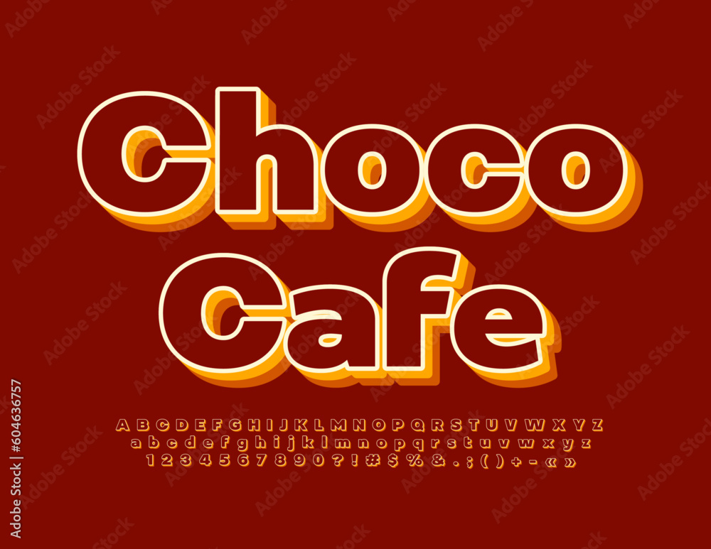 Vector creative banner Choco Cafe.  Bright Artistic Font. Trendy Alphabet Letters, Numbers and Symbols.