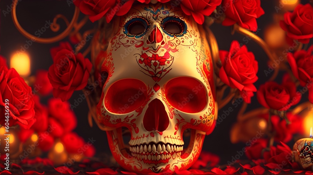 Dia de los Muertos theme colors with vibrant red and gold generative AI. 