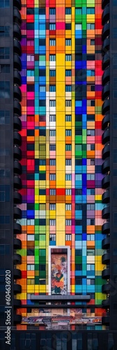 Colorful skyscraper building with many windows