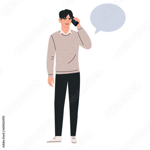Man holding a phone. Phone conversation. Illustration of a speech bubble and a young man, isolated on a white background.