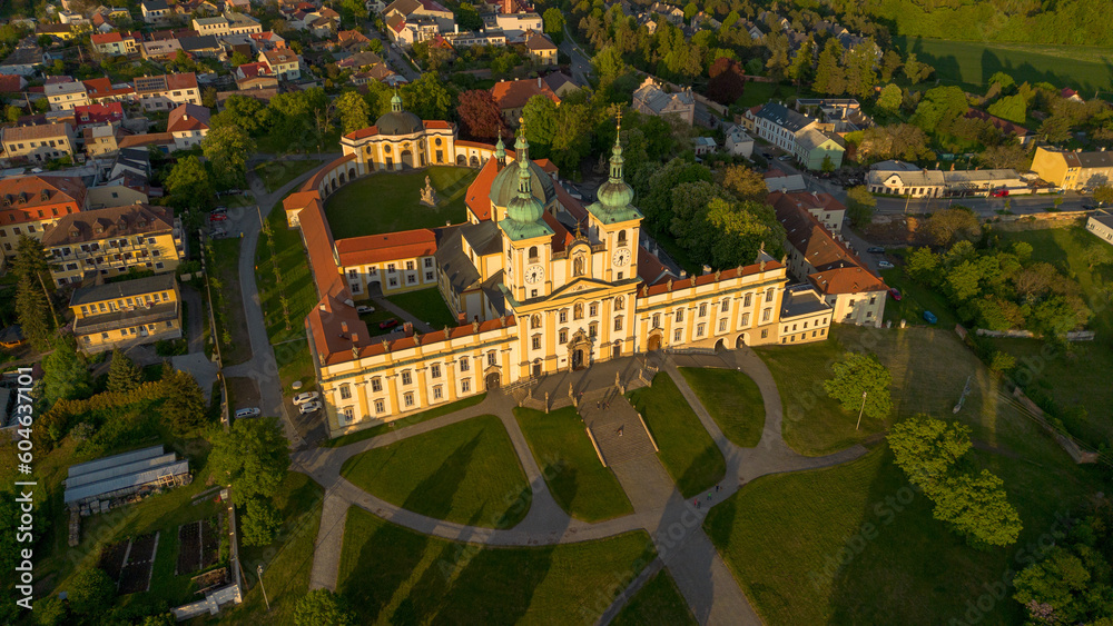 Aerial view of Virgin Mary's basilica during sunset. Photographed in Svatý Kopeček town near Olomouc city. 