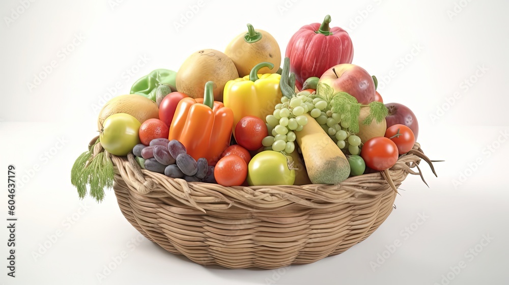 Organic vegetables and fruits in a wicker basket on a white background. Organic vegetables and fruits in a wicker basket on a white background.
