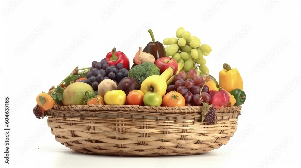 Organic vegetables and fruits in a wicker basket on a white background. Organic vegetables and fruits in a wicker basket on a white background.
