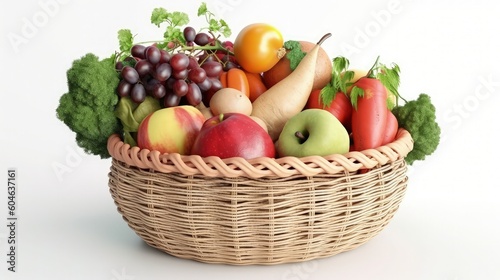 Organic vegetables and fruits in a wicker basket on a white background.