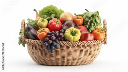 Organic vegetables and fruits in a wicker basket on a white background.