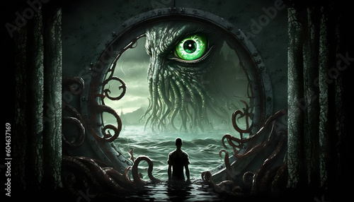 Person standing in front of cthulhu tentacle monster in the style of lovecraft horror. photo
