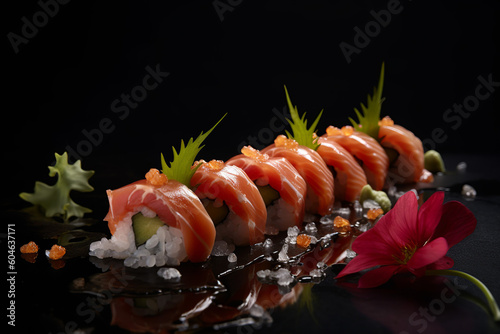 Sushi on Sleek Black Background, Generative Ai