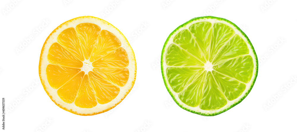 Slices of lime and lemon isolated on a white background. Created with Generative AI tools