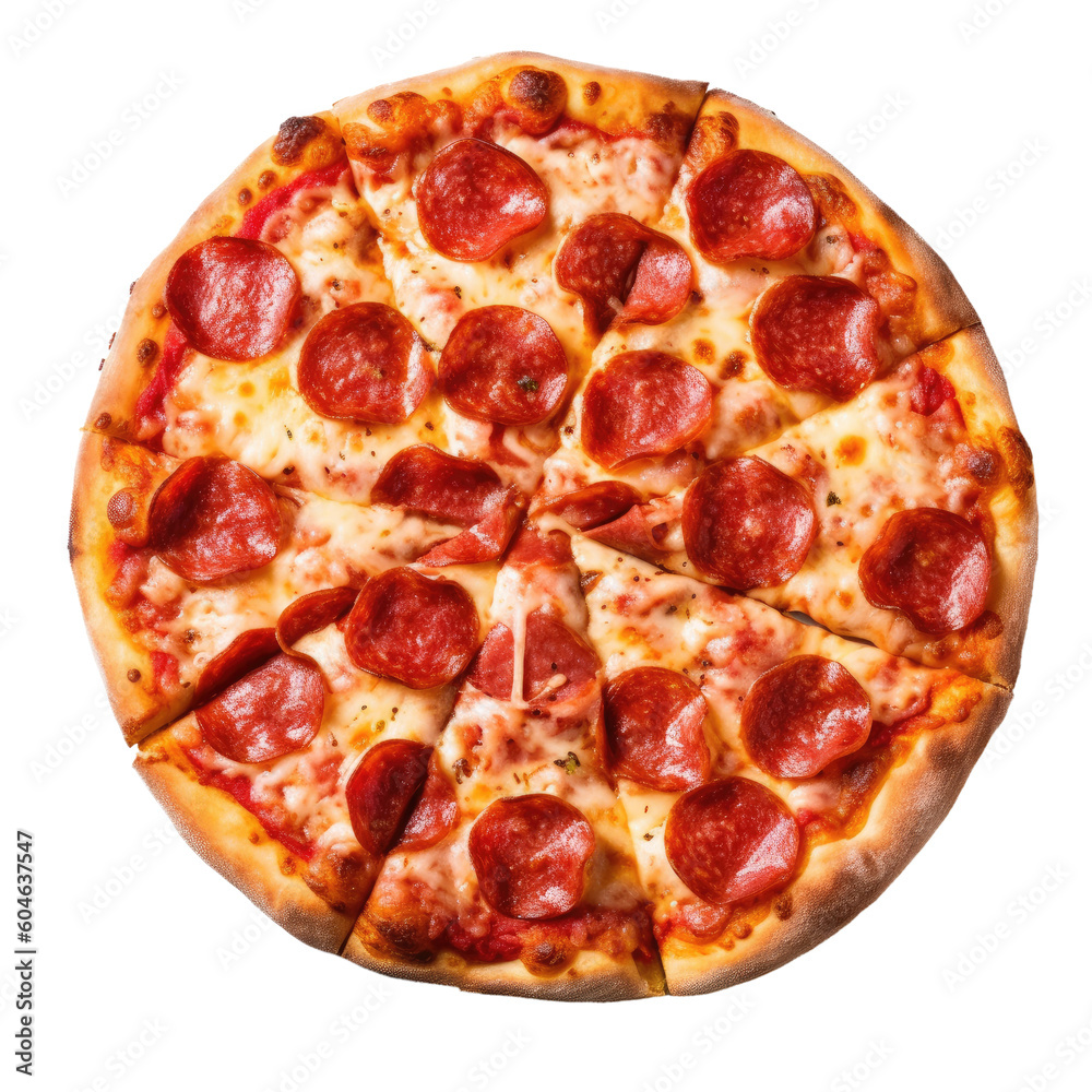 Pepperoni pizza isolated on a white background. Top view. Created with Generative AI tools