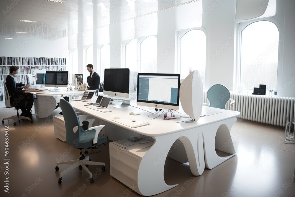 View of a modern white office of a technology company. Ai generated.