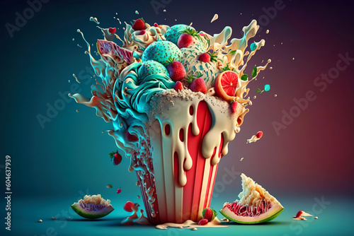 A fruit and ice cream smoothie  splashing and refreshing  in studio  rendering. Ai generated.