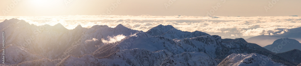Snow Covered Mountain Tops in Canadian Nature Landscape. Aerial Panorama. Near Vancouver, British Columbia, Canada.