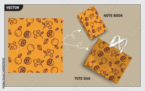 mockup tote bag and note book with cherry and  lemon line art seamless pattern vector.