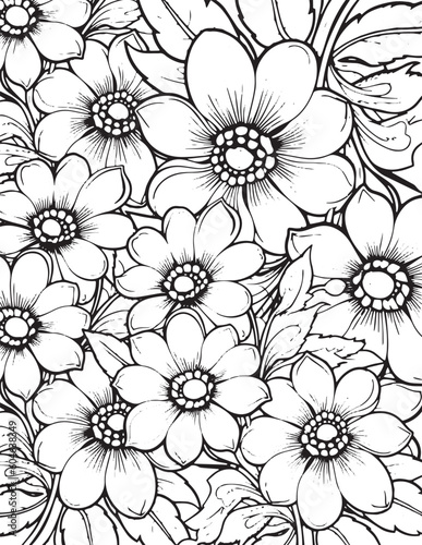 Flower Kids and Adult Coloring page spring and summer doodle elements. Mandala pattern with floral elements on white background design for flower mandala coloring book.