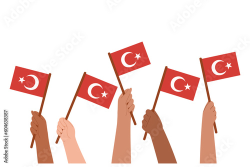 Hands holding Turkish flags. Vector illustration border.
