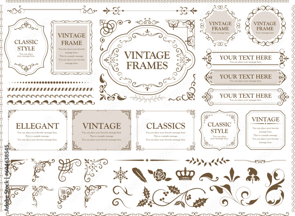 Vintage frames. floral ornament. decorative vector borders and corners. - obrazy, fototapety, plakaty 