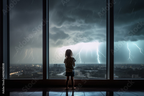 Child look at night sky with clouds and many lightning through the panoramic window, created with Generative AI Technology