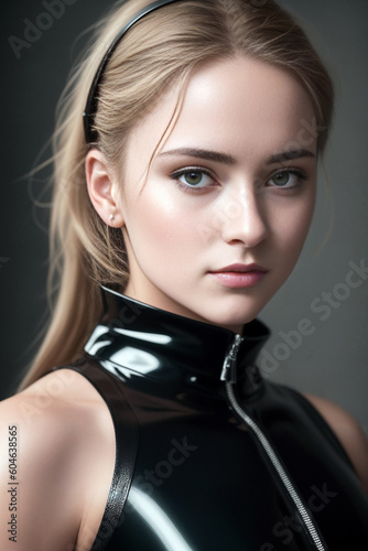 Beautiful sexy brunette in a black latex suit. Generative AI